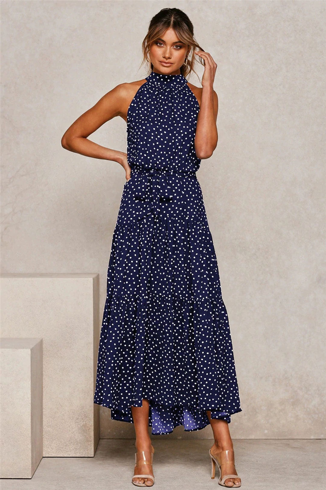 Boho Maxi Dress, Halter Dress, Meadowsweet, Polka Dot in Navy Blue