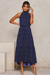 Boho Maxi Dress, Halter Dress, Meadowsweet, Polka Dot in Navy Blue