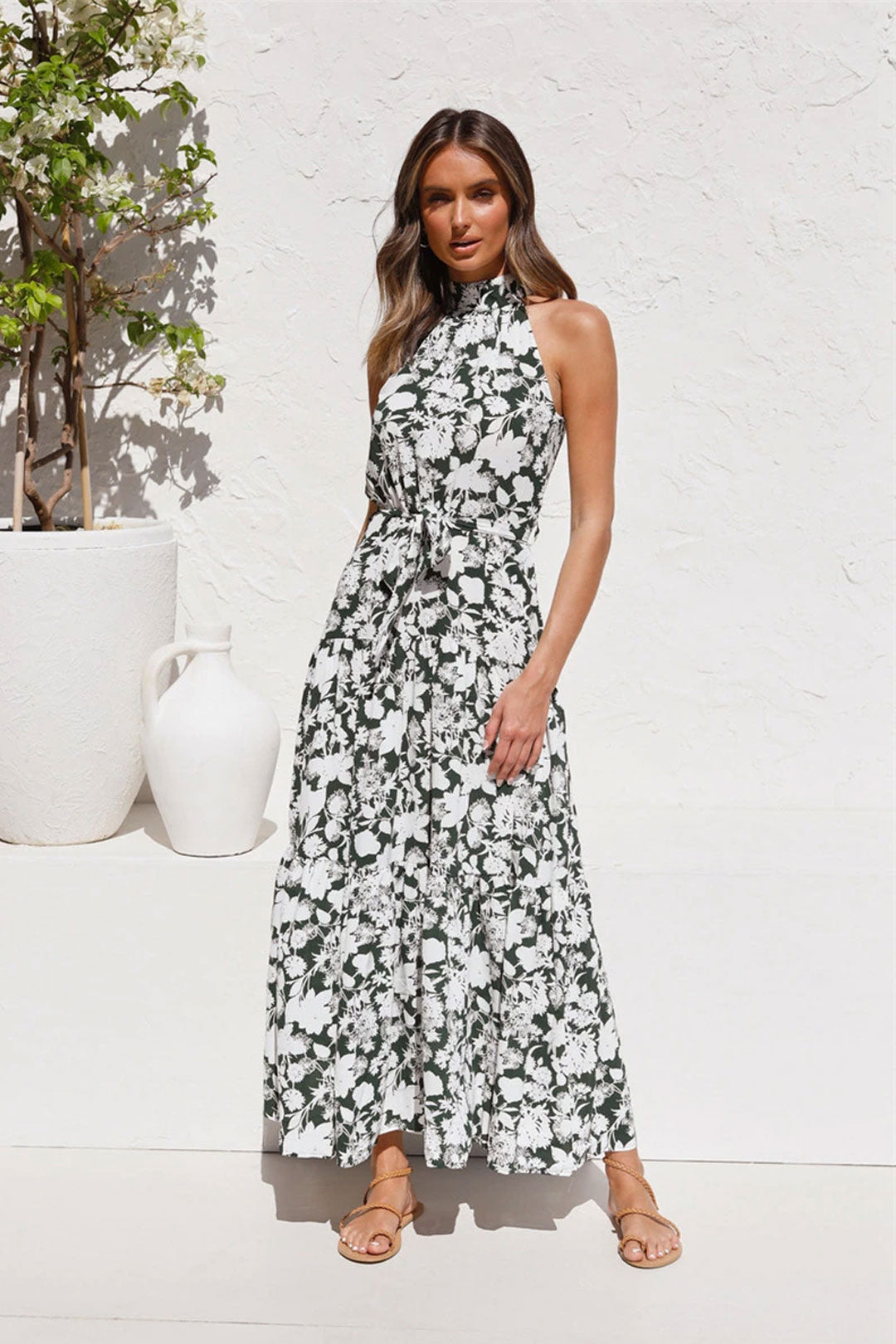 Boho Maxi Dress, Halter Dress, Meadowsweet in Black Hibiscus