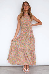 Boho Maxi Dress, Halter Dress, Meadowsweet in Pink Ltittle Flower