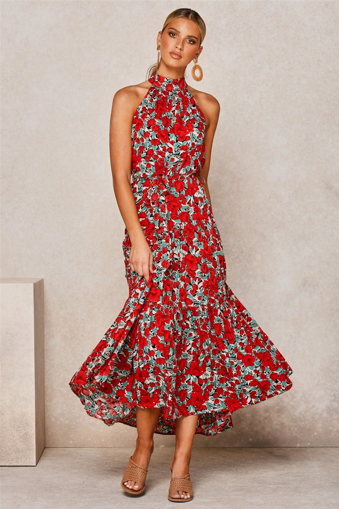Boho Maxi Dress, Halter Dress, Meadowsweet in Red Tulip