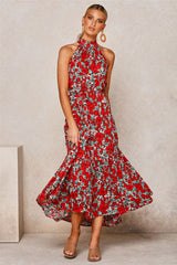 Boho Maxi Dress, Halter Dress, Meadowsweet in Red Tulip