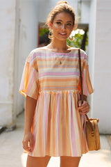 Boho Mini Dress  Sundress, Cotton Stripe in Pink
