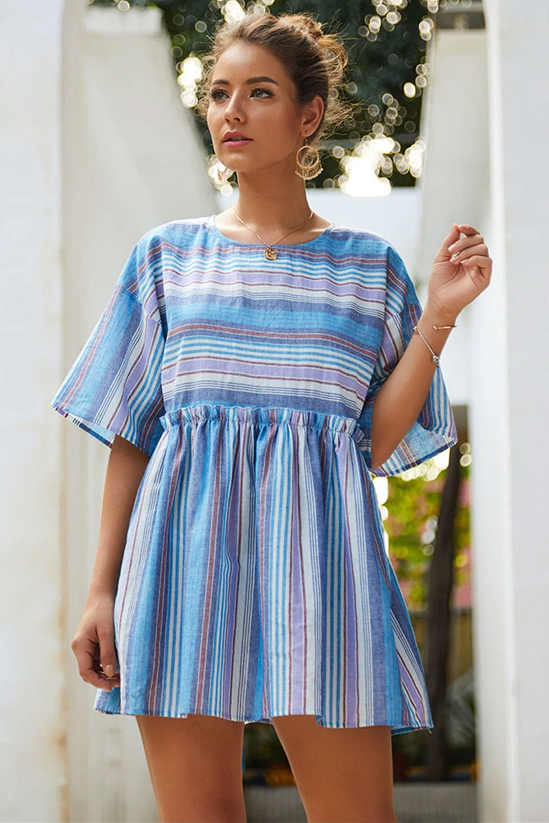 Boho Mini Dress  Sundress, Cotton Stripe in Blue