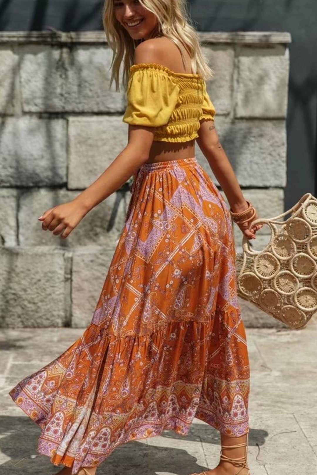 Boho Skirt, Hippie Skirts, Maxi Skirt, Wild Floral in Indian Yellow Mustard