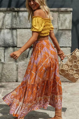 Boho Skirt, Hippie Skirts, Maxi Skirt, Wild Floral in Indian Yellow Mustard