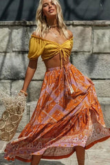 Boho Skirt, Hippie Skirts, Maxi Skirt, Wild Floral in Indian Yellow Mustard
