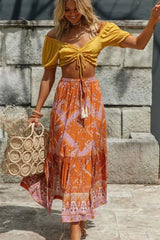 Boho Skirt, Hippie Skirts, Maxi Skirt, Wild Floral in Indian Yellow Mustard