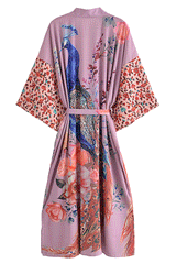 Boho Robe, Kimono Robe,  Beach Cover up, Peacock in White and Pink