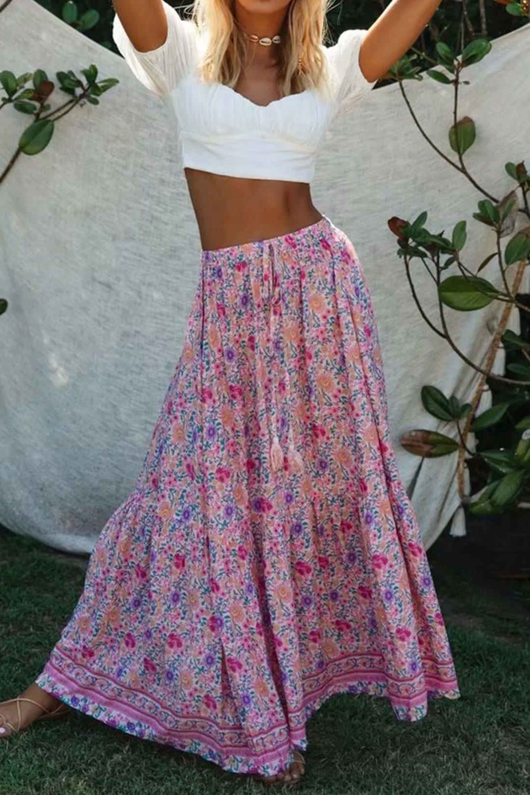 Boho Skirt, Hippie Skirts, Maxi Skirt, Wild Floral in Pink
