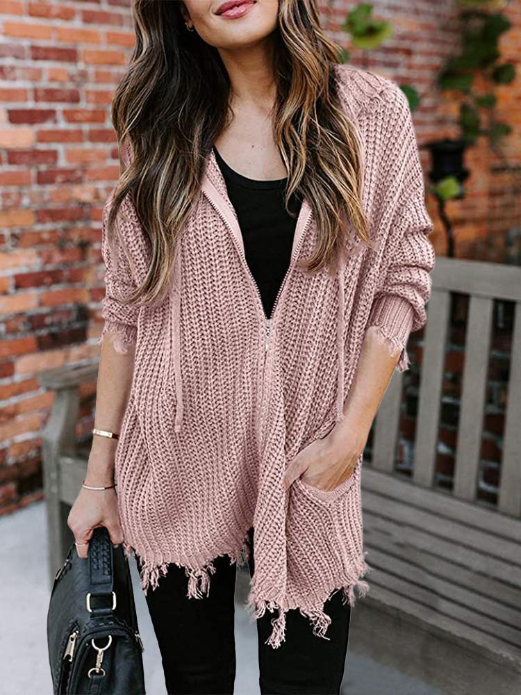 Zipper Ripped Drawstring Hooded Cardigan
