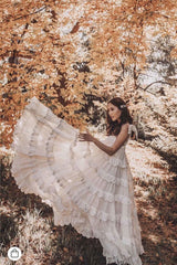 Boho Midi Dress, Strappy Sundress, White Lilac Ruffle Dress