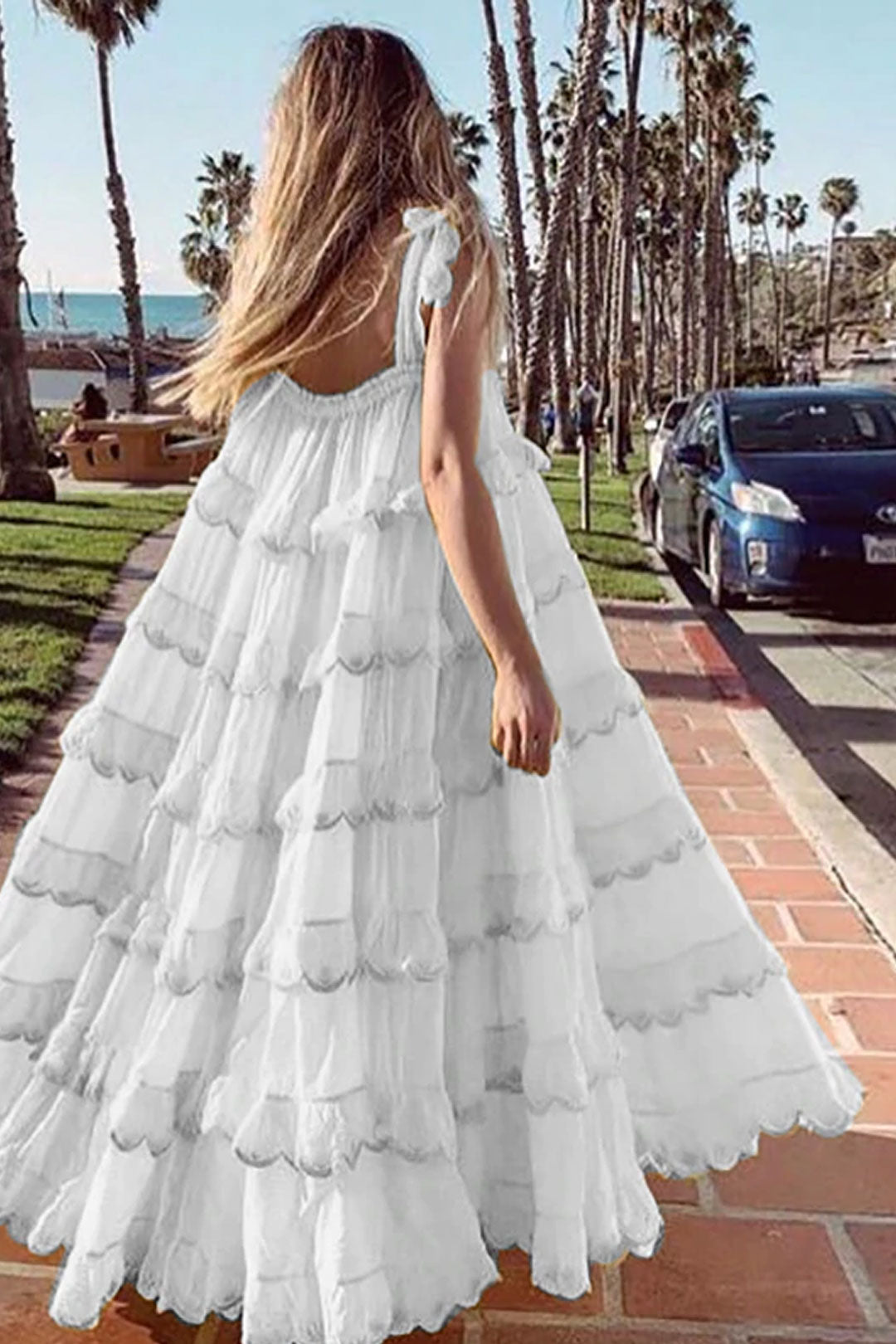Boho Midi Dress, Strappy Sundress, White Lilac Ruffle Dress