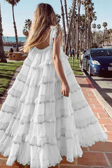 Boho Midi Dress, Strappy Sundress, White Lilac Ruffle Dress