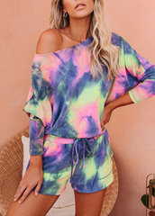 Gradient Long Sleeve Round Neck Top And Shorts Set