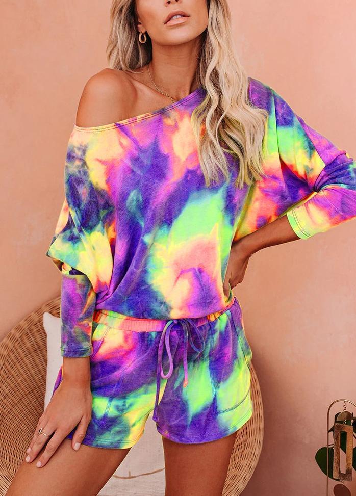 Gradient Long Sleeve Round Neck Top And Shorts Set