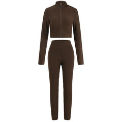 Long Sleeve V Neck Zip Up Top with Pants Set