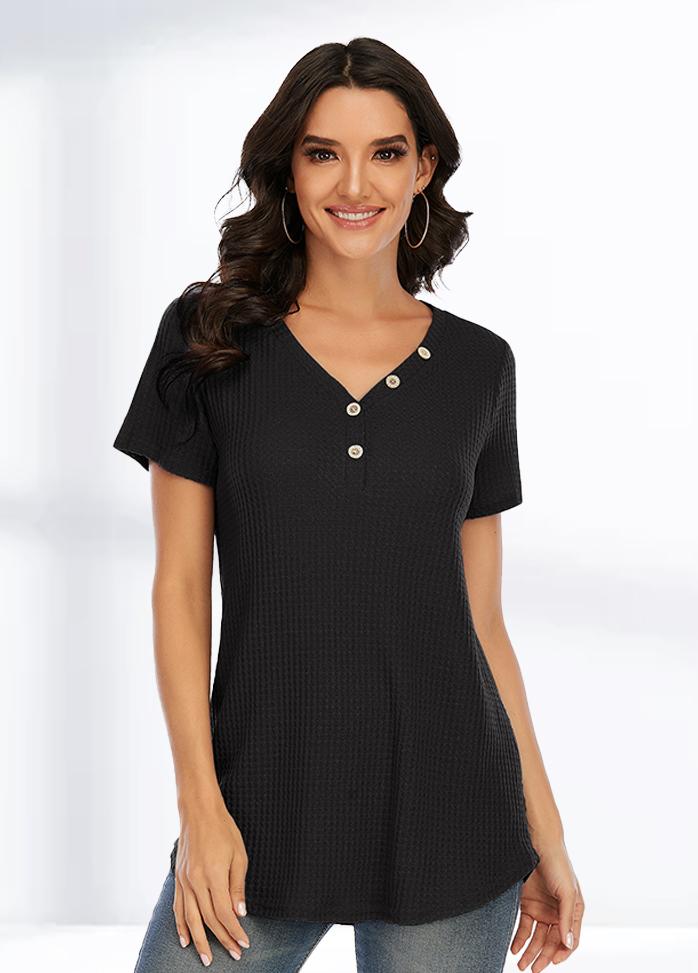 Button V Neck Short Sleeve Solid Color T-shirt