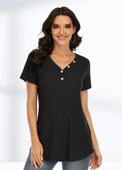 Button V Neck Short Sleeve Solid Color T-shirt