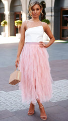 Elastic Waist Tulle Tiered Classic Long Skirt