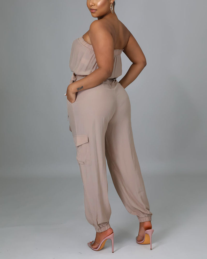 Solid Belted Flap Pocket Frill Trim Strapless Jumpsuit