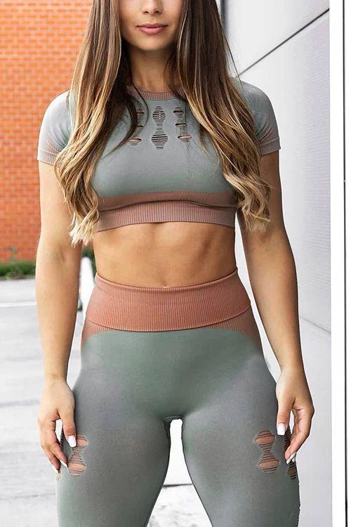 Ripped Patchwork Crop T Shirt Leggings Set