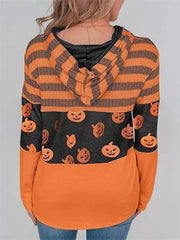 Pumpkin Print Color Block Splicing Drawstring Hoodies