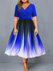 New Gradient Print Party Dress Short-sleeved V-neck A-line Dress Large Hem Elastic Waist Mid-length Dresses Women