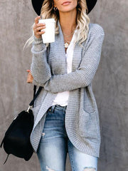 Curved Hem Pocket Solid Sweater Cardigan