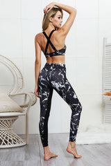 Yoga Set, Yoga Legging, Printed Workout Set Top and Legging, Black Bra Marble