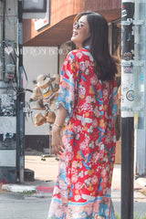 Boho Robe, Kimono Robe,  Beach Cover up, Red Peony Blue Bird
