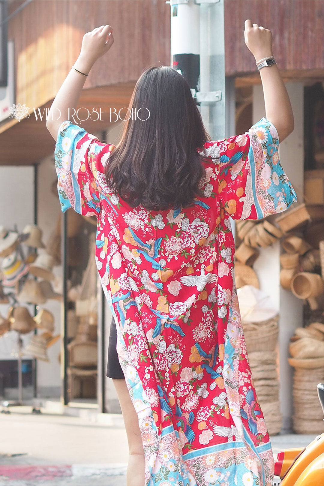 Boho Robe, Kimono Robe,  Beach Cover up, Red Peony Blue Bird