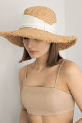 Boho Hat, Sun Beach Hat, Raffia  Brim Hat Fringed, Luciana Black and White Ribbon
