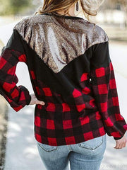 Sequins Plaid Print Long Sleeve Top
