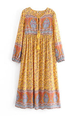 Gown Dress, Boho Maxi Dress, Loose Dress, Bumblebee Yellow Indian Floral