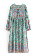Gown Dress, Boho Maxi Dress, Loose Dress, Parakeet Green Indian Floral