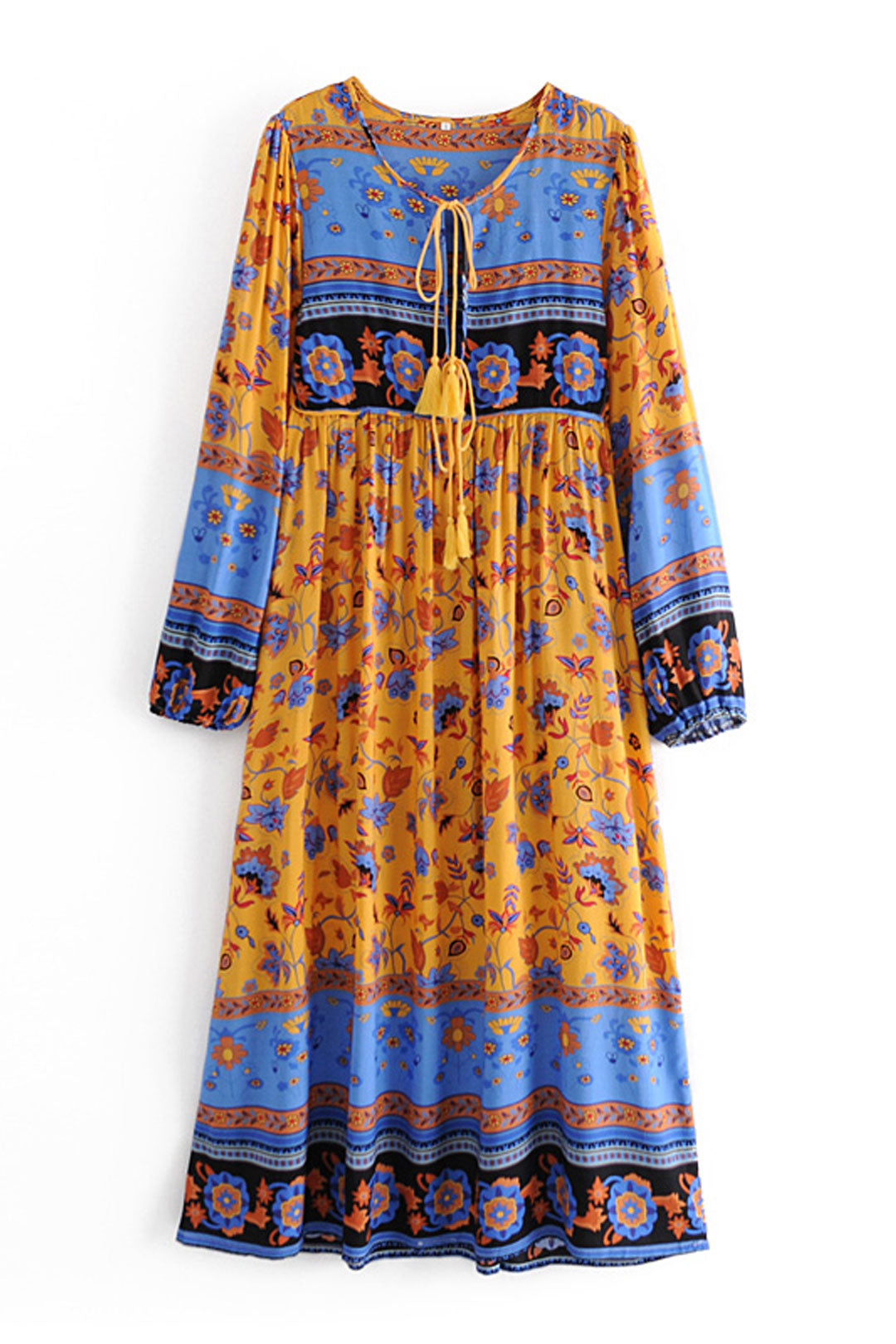 Gown Dress, Boho Maxi Dress, Loose Dress, Blue Yellow Indian Floral
