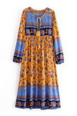 Gown Dress, Boho Maxi Dress, Loose Dress, Blue Yellow Indian Floral