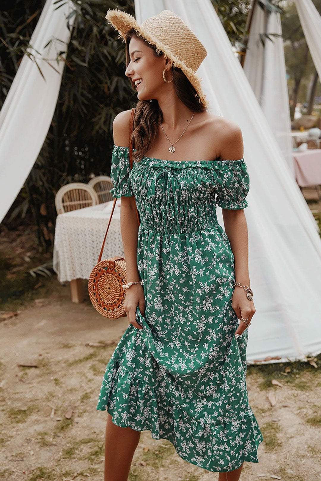 Boho Midi Dress,  Off Shoulder Sundress, Nicole in Green