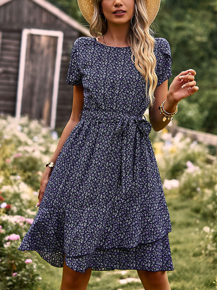 Women's Dresses Temperament Floral Casual Strap Waist Round Neck Mini Dress