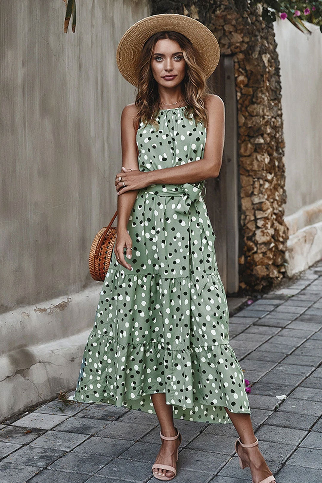 Boho Midi Dress, Strappy Sundress, Polka Dot in Green