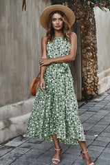 Boho Midi Dress, Strappy Sundress, Polka Dot in Green