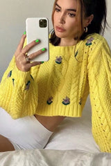 Boho Sweater, Retro Knit Sweater, Canary in Yellow