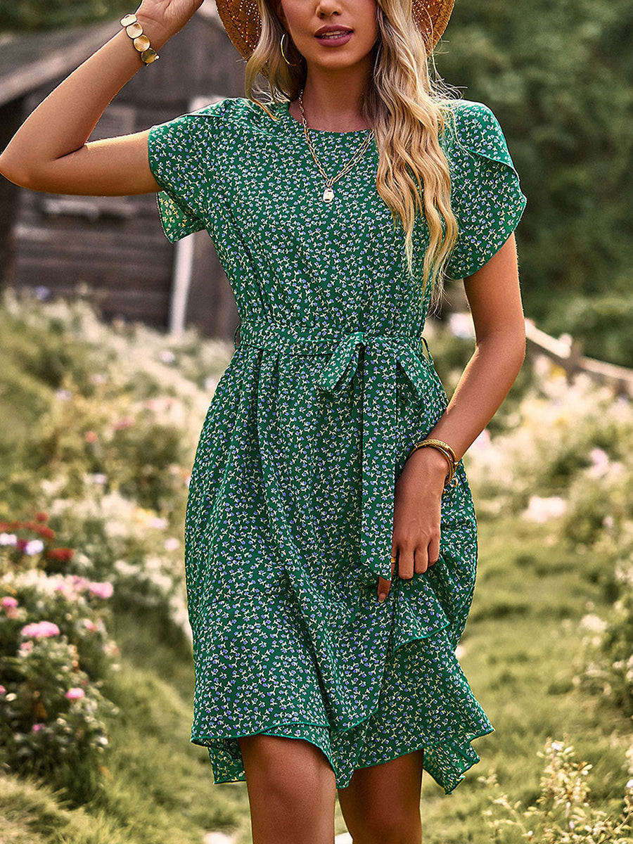 Women's Dresses Temperament Floral Casual Strap Waist Round Neck Mini Dress