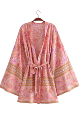 Boho Robe, Kimono Robe,  Beach Cover up, Short Robe, Eulalie in Green and Pink