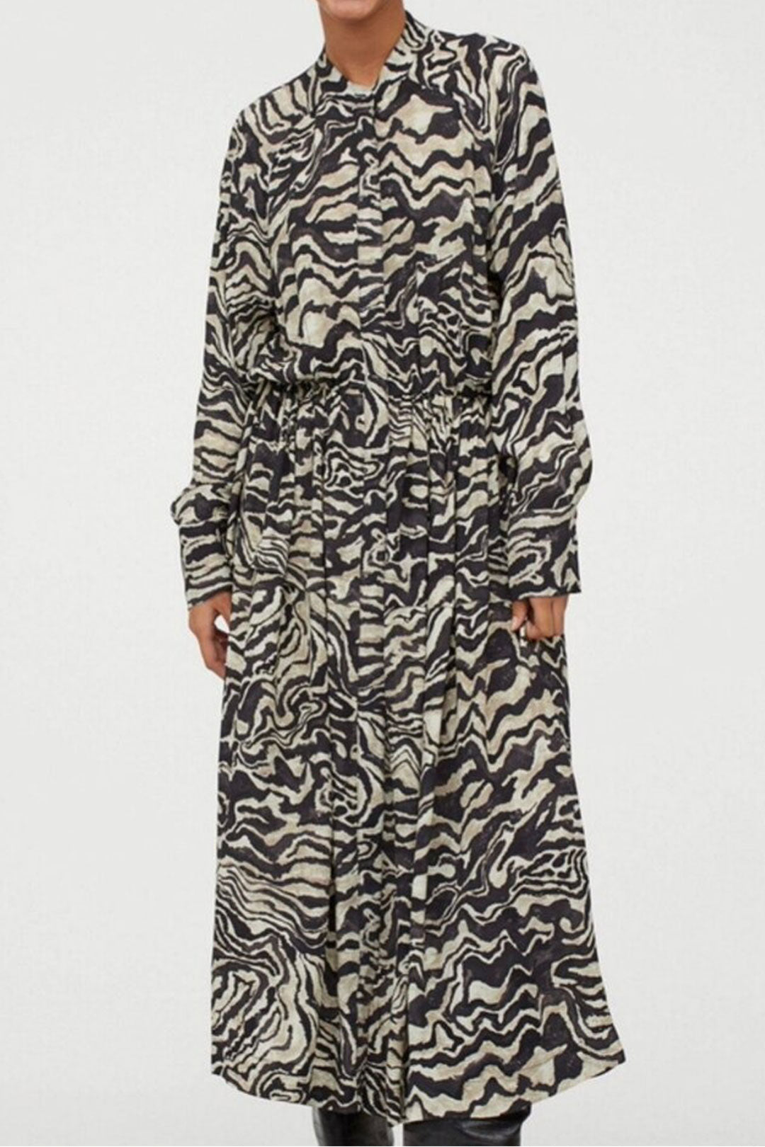Boho Midi Dress, Tie Neck, Winter Black White Zebra