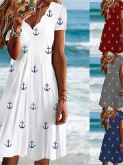 Women's Summer Hot Models Printed L Dress Slim Short-sleeved Wave Collar Comfortable Casual Printed A-line Dress S,M,L,XL,XXL,3XL,4XL,5XL