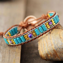 Boho Bracelet, Leather Wrap Bracelet, Weave Bracelet, Turquoises Chain