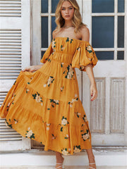 One-neck Strapless Bubble Sleeve Print Dress Short Sleeve Long Dress Brown Yellow Green S M L XL