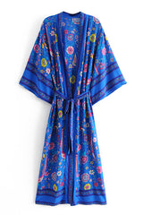 Boho Robe, Kimono Robe,  Beach Cover up, Blue Peony Bird